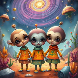 A whimsical and imaginative depiction of extraterrestrial children playing in a colorful alien landscape