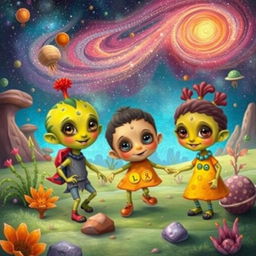 A whimsical and imaginative depiction of extraterrestrial children playing in a colorful alien landscape