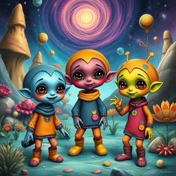 A whimsical and imaginative depiction of extraterrestrial children playing in a colorful alien landscape