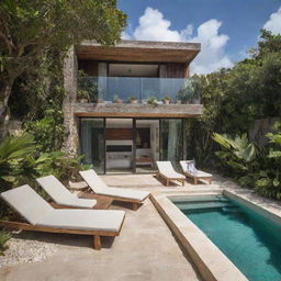 A small modern beach house with a compact front pool, exuding Tulum vibes, featuring natural materials, tropical plants and a bohemian aesthetic.