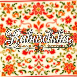 The word 'Babuschka' beautifully stylized in an elegant cursive font, surrounded by ornate floral patterns and vibrant colors