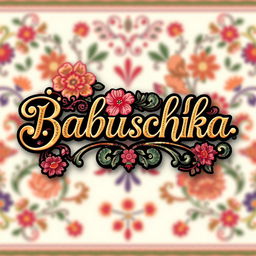 The word 'Babuschka' beautifully stylized in an elegant cursive font, surrounded by ornate floral patterns and vibrant colors