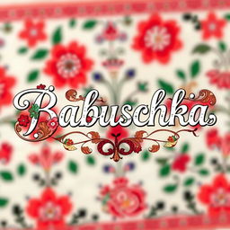 The word 'Babuschka' beautifully stylized in an elegant cursive font, surrounded by ornate floral patterns and vibrant colors