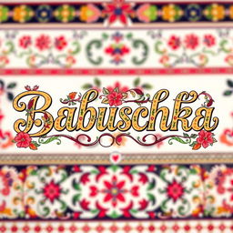 The word 'Babuschka' beautifully stylized in an elegant cursive font, surrounded by ornate floral patterns and vibrant colors
