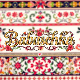 The word 'Babuschka' beautifully stylized in an elegant cursive font, surrounded by ornate floral patterns and vibrant colors