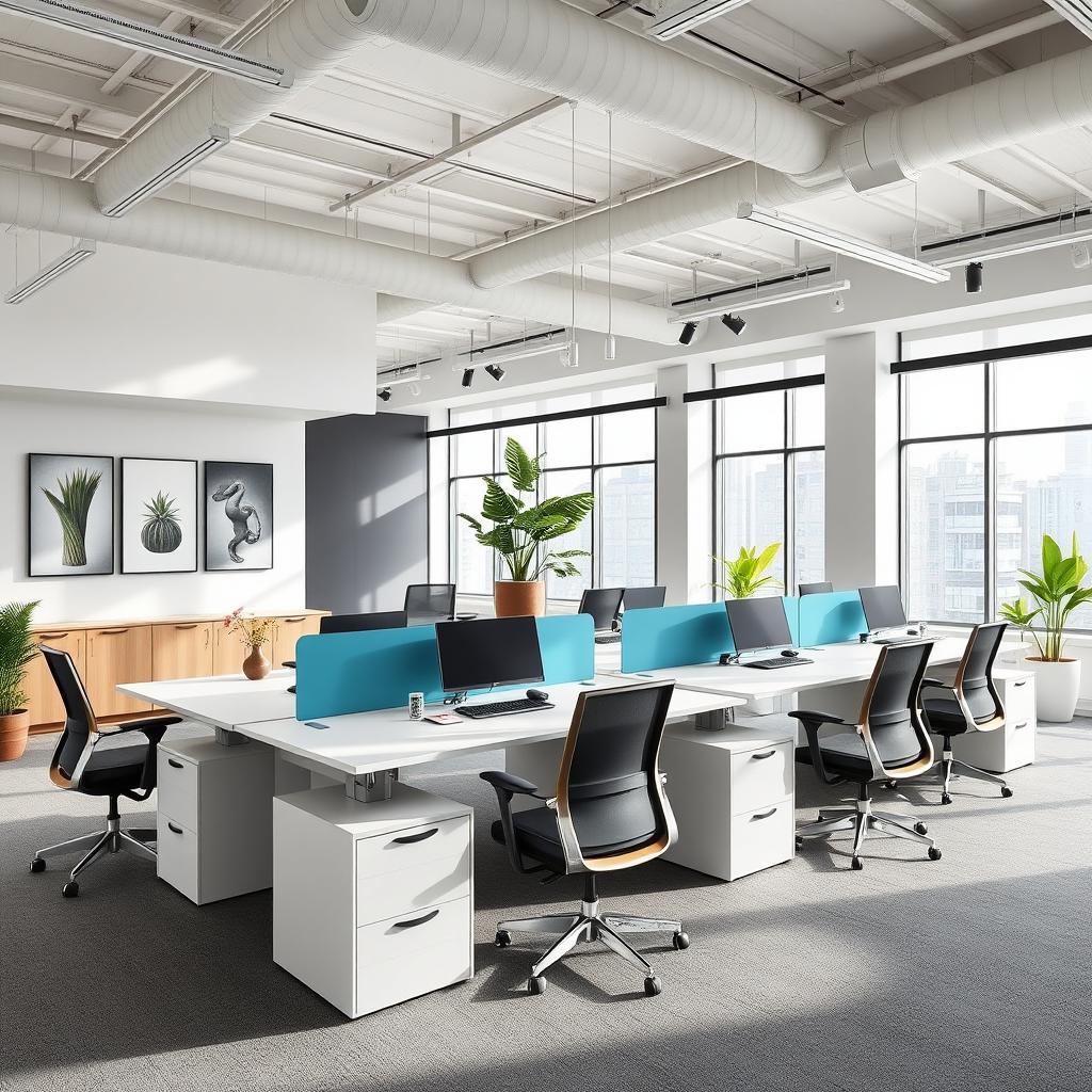 A modern office design for a melamine furniture company, featuring sleek, contemporary workstations with melamine desks, ergonomic chairs, and stylish storage units