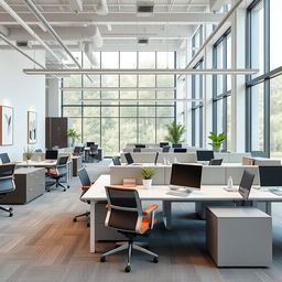 A modern office design for a melamine furniture company, featuring sleek, contemporary workstations with melamine desks, ergonomic chairs, and stylish storage units