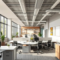 A modern office design for a melamine furniture company, featuring sleek, contemporary workstations with melamine desks, ergonomic chairs, and stylish storage units