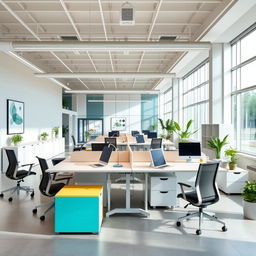 A modern office design for a melamine furniture company, featuring sleek, contemporary workstations with melamine desks, ergonomic chairs, and stylish storage units