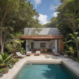 A small modern beach house with a compact front pool, exuding Tulum vibes, featuring natural materials, tropical plants and a bohemian aesthetic.