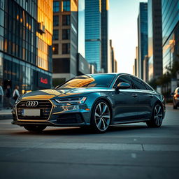 A sleek and stylish Audi A6 B7 parked in an urban setting, with its distinctive design featuring sharp lines and a polished exterior