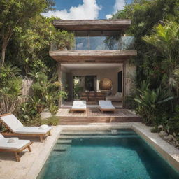 A small modern beach house with a compact front pool, exuding Tulum vibes, featuring natural materials, tropical plants and a bohemian aesthetic.