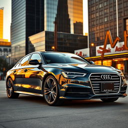 A sleek and stylish Audi A6 B7 parked in an urban setting, with its distinctive design featuring sharp lines and a polished exterior