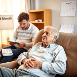 An elderly man in his 70s, recently discharged from the hospital, rests at home with a calm yet vigilant expression