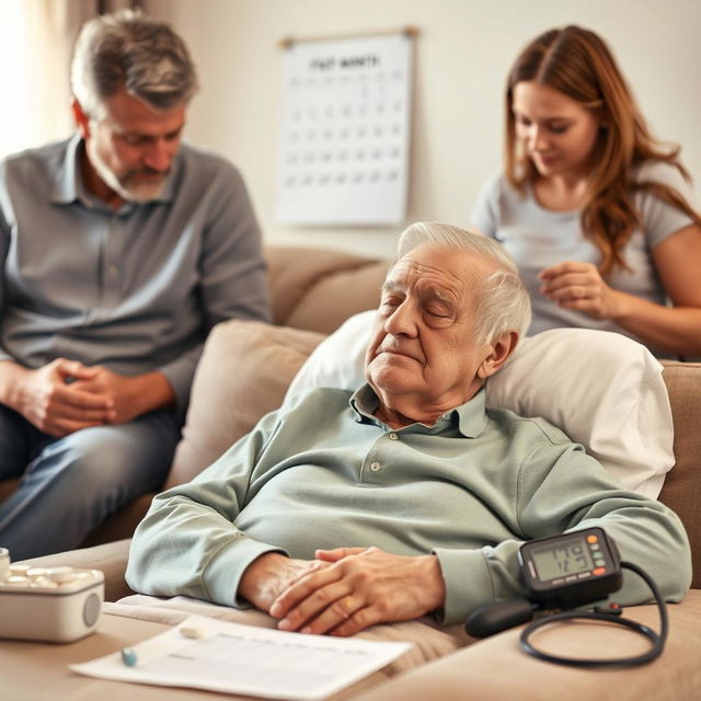 An elderly man in his 70s, recently discharged from the hospital, rests at home with a calm yet vigilant expression