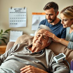 An elderly man in his 70s, recently discharged from the hospital, rests at home with a calm yet vigilant expression