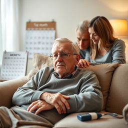 An elderly man in his 70s, recently discharged from the hospital, rests at home with a calm yet vigilant expression