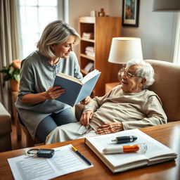 A cozy home scene where a caregiver attentively observes an elderly person sitting comfortably in an armchair