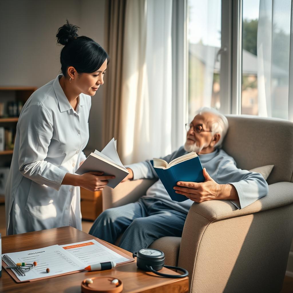 A cozy home scene where a caregiver attentively observes an elderly person sitting comfortably in an armchair