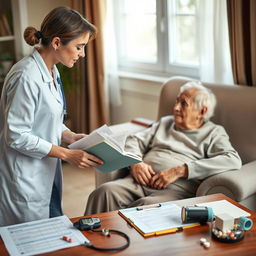 A cozy home scene where a caregiver attentively observes an elderly person sitting comfortably in an armchair