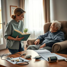 A cozy home scene where a caregiver attentively observes an elderly person sitting comfortably in an armchair