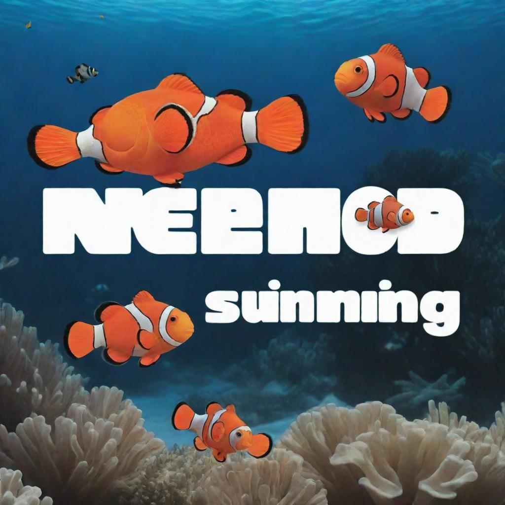 'Finding Nemo' into an oceanic underwater scene, with Nemo, the vibrant orange and black clownfish, swimming happily. Display the text 'Just Keep Swimming' in a stylish, friendly font either on or above Nemo.