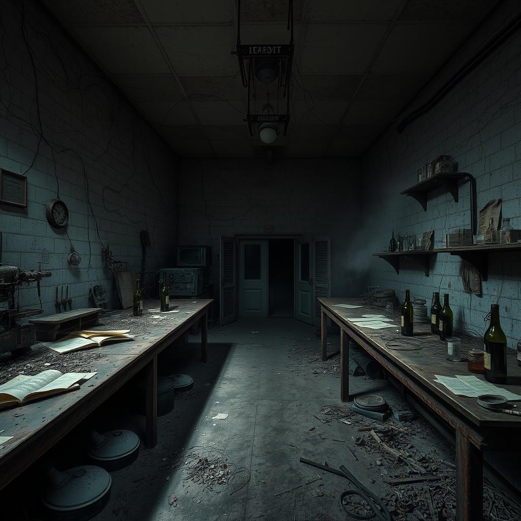 An abandoned terror laboratory, shrouded in darkness and filled with remnants of sinister experiments