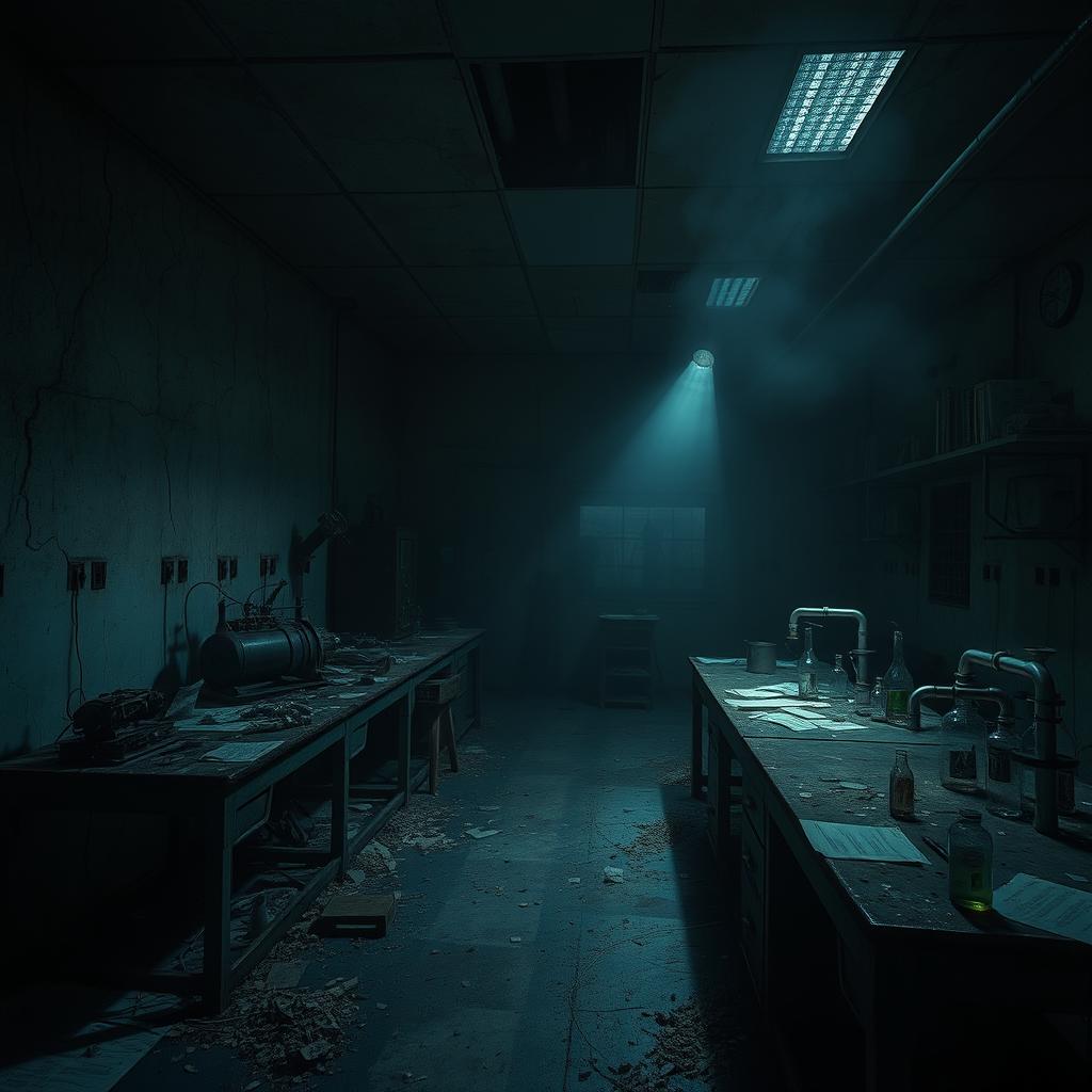 An abandoned terror laboratory, shrouded in darkness and filled with remnants of sinister experiments