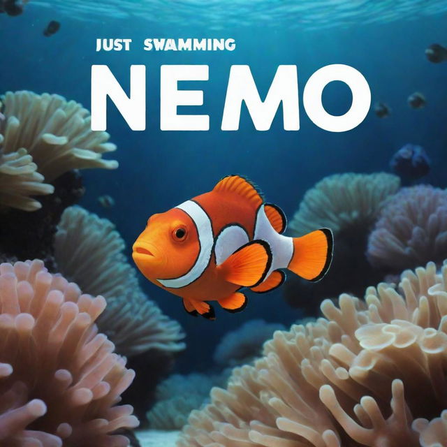 'Finding Nemo' into an oceanic underwater scene, with Nemo, the vibrant orange and black clownfish, swimming happily. Display the text 'Just Keep Swimming' in a stylish, friendly font either on or above Nemo.