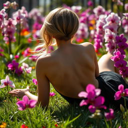 A highly detailed and masterfully crafted image featuring a slim, mature woman with perfect anatomy in a beautiful, vibrant garden filled with flowers, specifically orchids