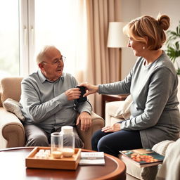 A compassionate scene depicting a caregiver taking vital signs of an elderly adult