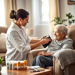 A compassionate scene depicting a caregiver taking vital signs of an elderly adult