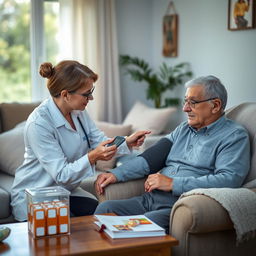 A compassionate scene depicting a caregiver taking vital signs of an elderly adult