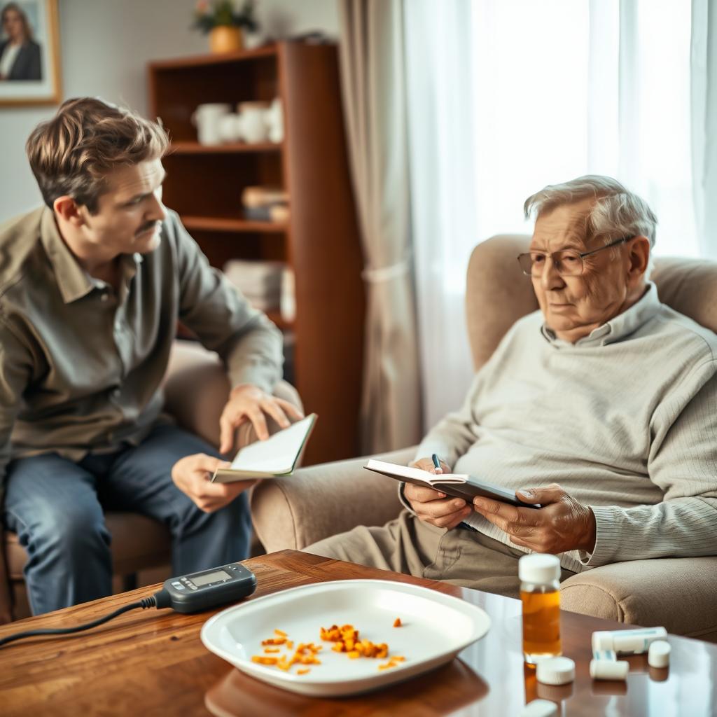 A serene home environment where a middle-aged caregiver is attentively observing an elderly person sitting in an armchair