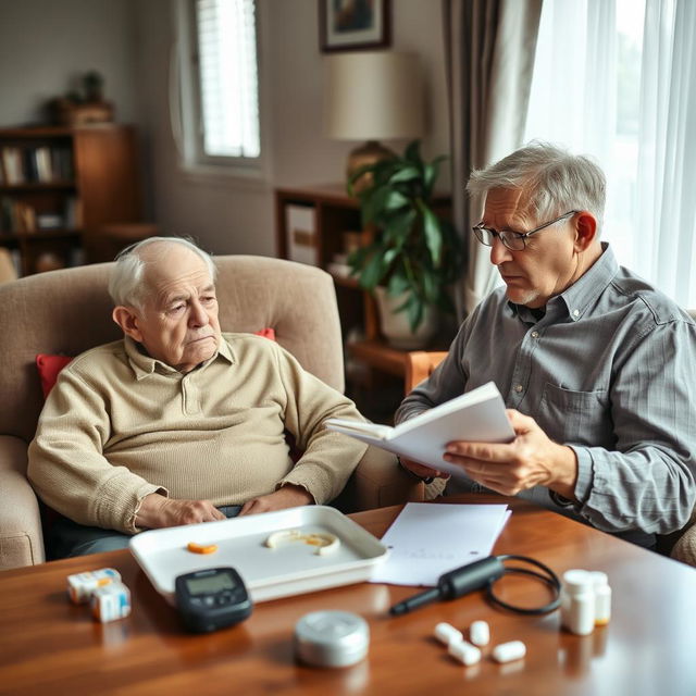 A serene home environment where a middle-aged caregiver is attentively observing an elderly person sitting in an armchair