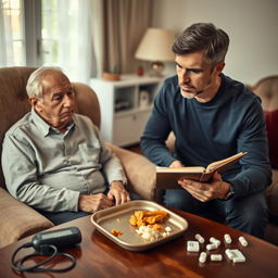 A serene home environment where a middle-aged caregiver is attentively observing an elderly person sitting in an armchair