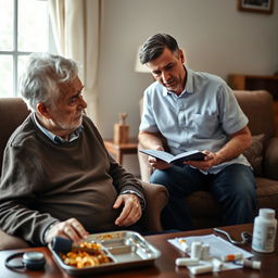 A serene home environment where a middle-aged caregiver is attentively observing an elderly person sitting in an armchair