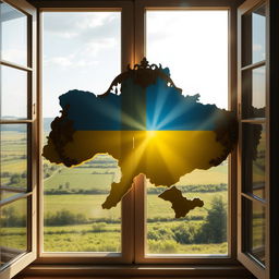 A visually striking representation of a window whose structure is uniquely shaped like the map of Ukraine