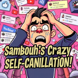 An eye-catching thumbnail for a YouTube video showcasing the dramatic and controversial event of the YouTuber Sambucha attempting to 'cancel' himself for views