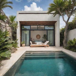 A small modern beach house with a compact front pool, capturing Tulum's vibe and offering breathtaking beach and ocean views, adorned with tropical plants and bohemian decor.