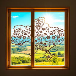 A stunning window frame designed in the shape of Ukraine's map, artistically crafted with intricate details that highlight traditional Ukrainian motifs