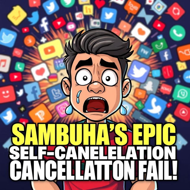 An engaging and provocative thumbnail for a YouTube video depicting the controversial event of YouTuber Sambucha trying to cancel himself for more views