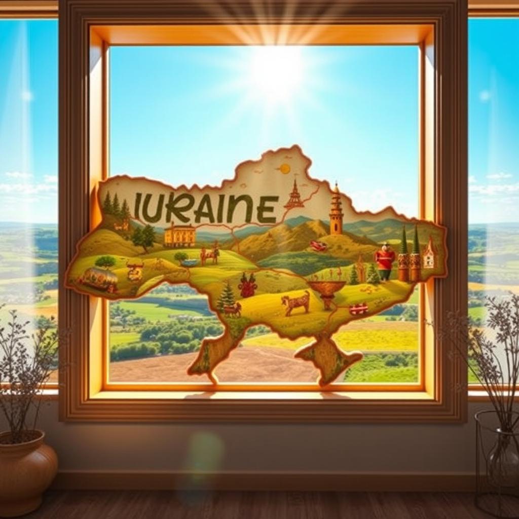 A visually striking window frame crafted in the shape of Ukraine's map