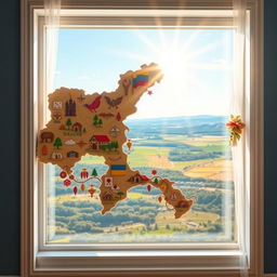 A visually striking window frame crafted in the shape of Ukraine's map