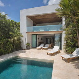 A small modern beach house with a compact front pool, capturing Tulum's vibe and offering breathtaking beach and ocean views, adorned with tropical plants and bohemian decor.