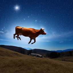 A charming scene of a jubilant cow jumping over a radiant full moon against a backdrop of a starry night sky.