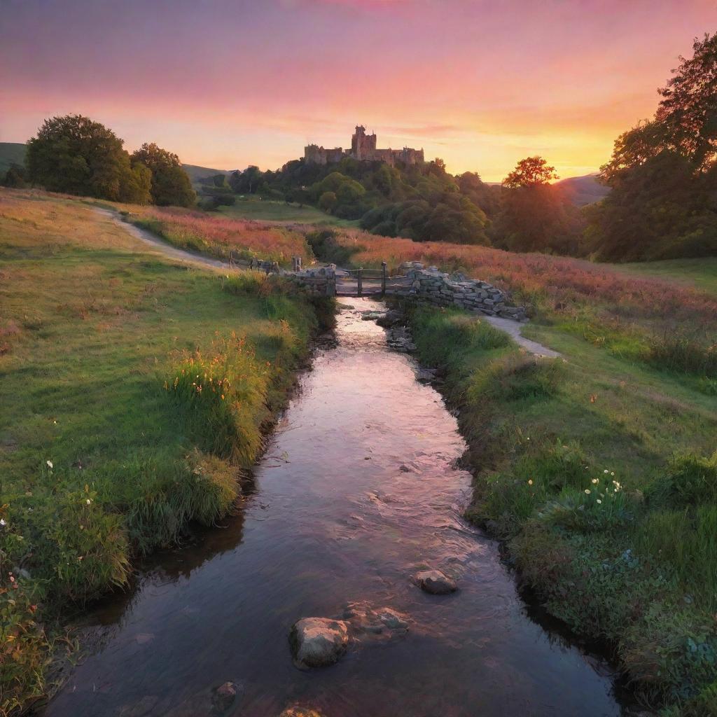 A magical landscape at sunset, with a babbling brook, a quaint wooden bridge stretched across it, and a castle off in the distance, perched atop a hill. The sky is ablaze with colors as the sun sinks below the horizon