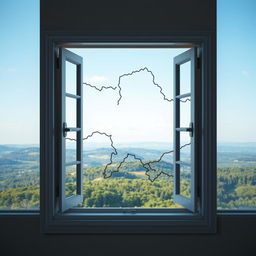 A detailed outline of a window frame ingeniously designed in the shape of Ukraine's map