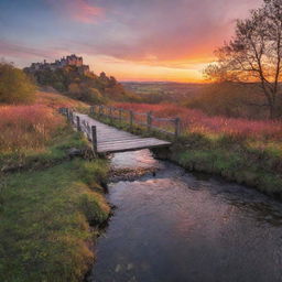 A magical landscape at sunset, with a babbling brook, a quaint wooden bridge stretched across it, and a castle off in the distance, perched atop a hill. The sky is ablaze with colors as the sun sinks below the horizon