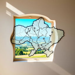 A unique window set into a wall, ingeniously designed to resemble the shape of Ukraine's map